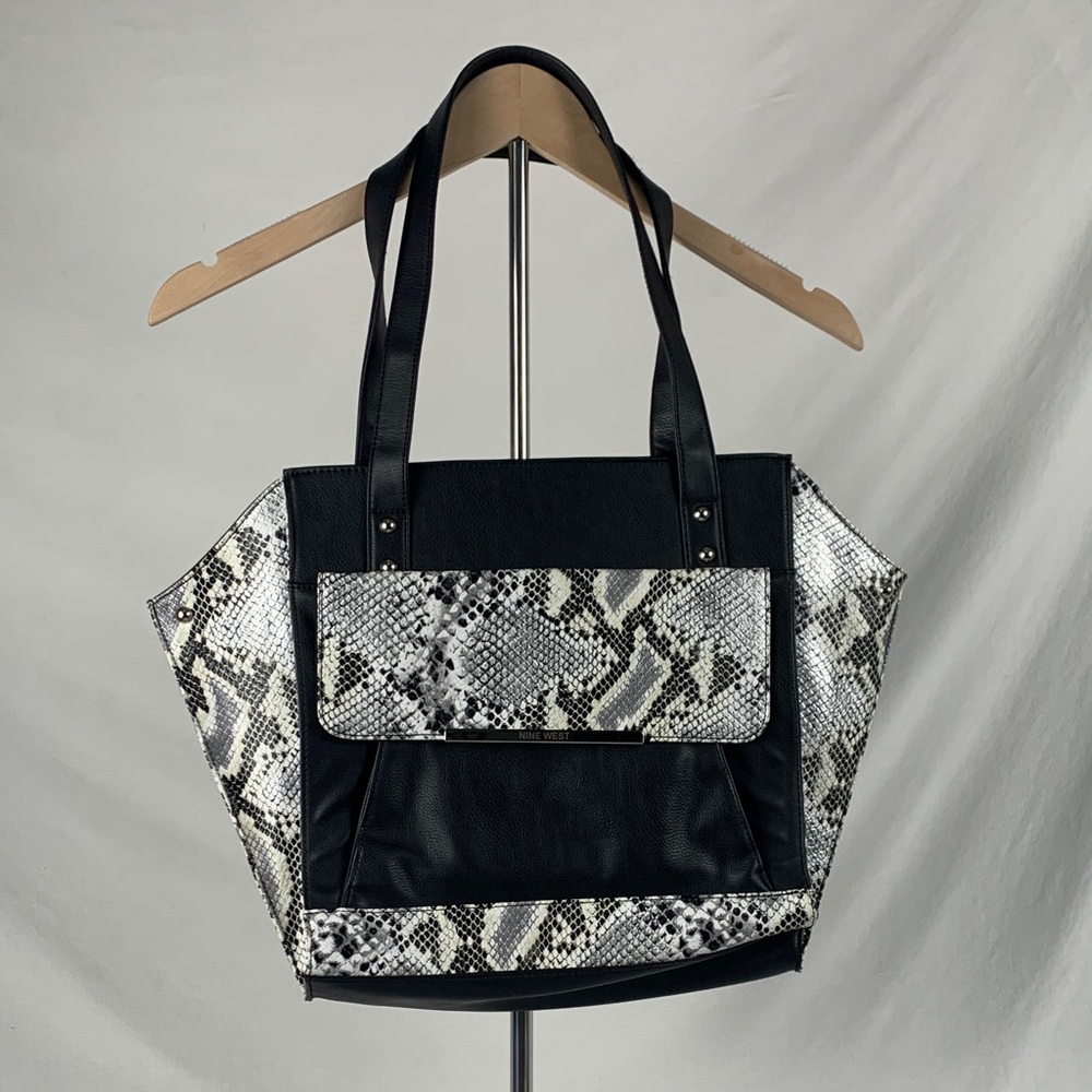 Nine West White Faux Black and Snake Print Shoulder Tote Bag Animal Print